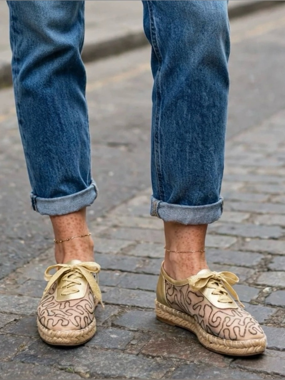 Stuart Weitzman espadrilles. gold or tan organza mesh lace-up style.